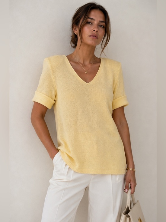 Holt Renfrew Sweaters - Vintage Holt Renfrew Butter Yellow V-Neck Wool Blend Sweater Tee